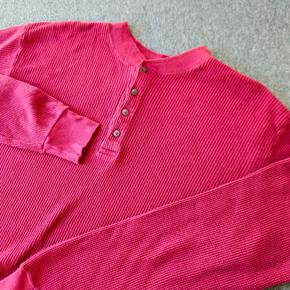 LL Bean Vintage Waffle Knit Henley Shirt Medium Made in USA Cotton Preppy 90s